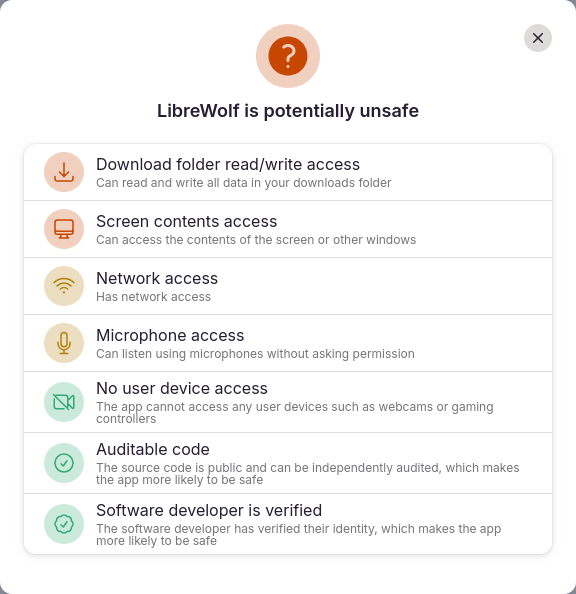 Flathub provides a quick summary of what permissions are afforded to an application